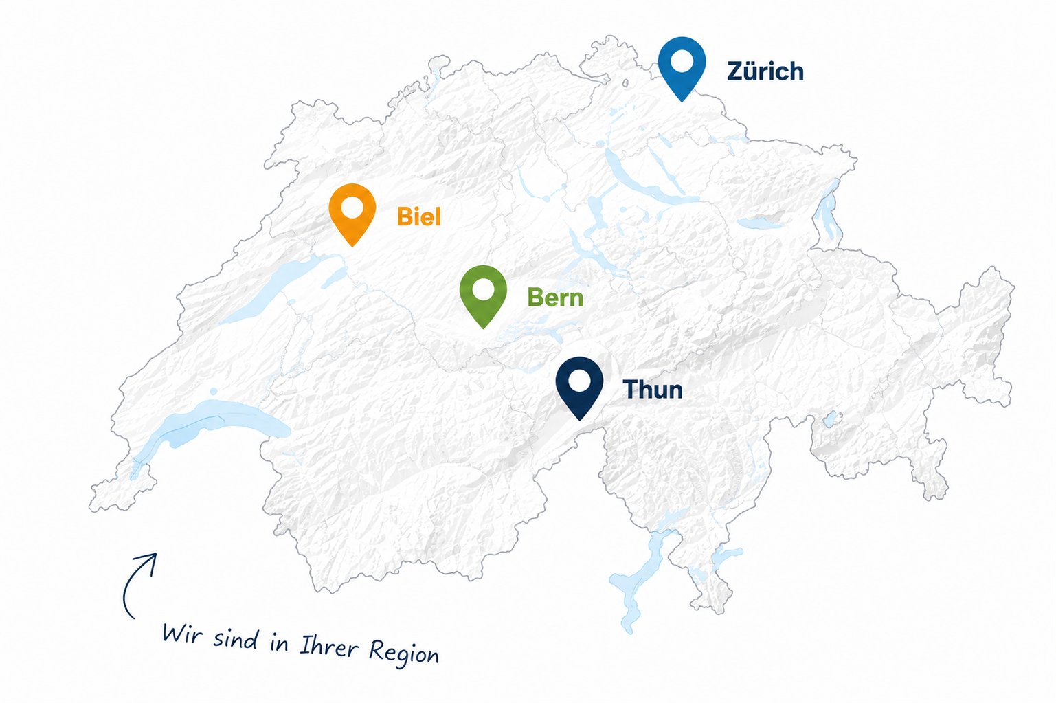 Karte der Schweiz mit Standorten in Biel, Bern, Thun und Zürich